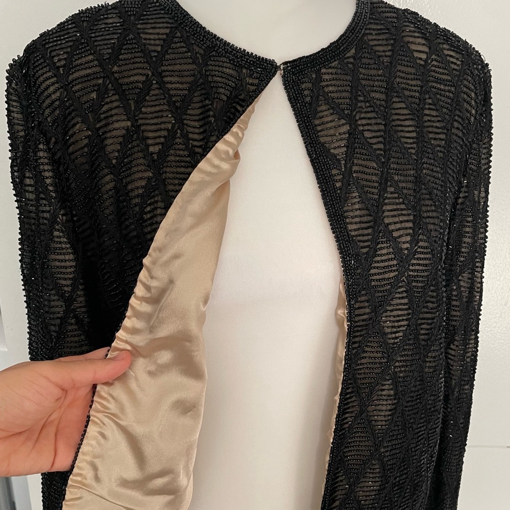 90s Elegant Black Beaded Black Tie Oleg Cassini Evening Jacket - Picture 3 of 6